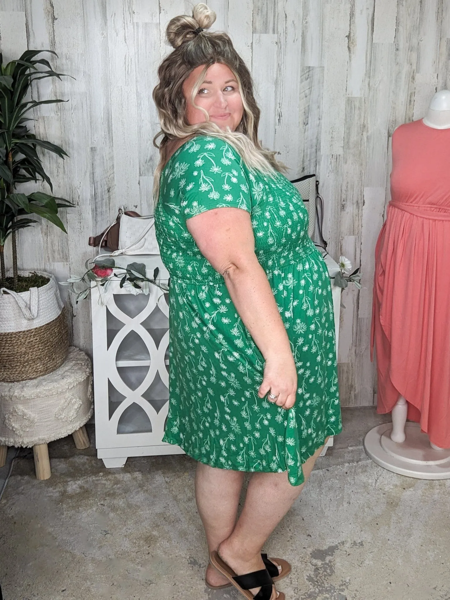 Rosemary Smocked   Sketched Floral Print Scoopneck Dress w/Shorts