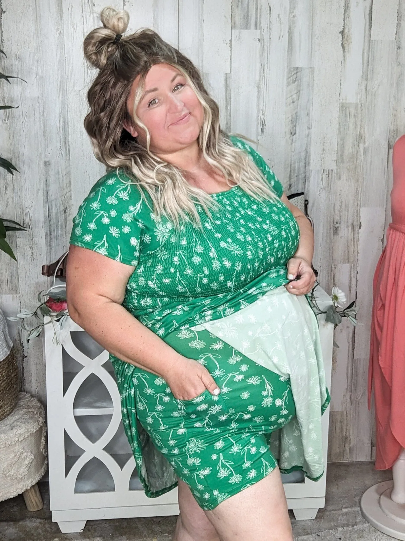 Rosemary Smocked   Sketched Floral Print Scoopneck Dress w/Shorts