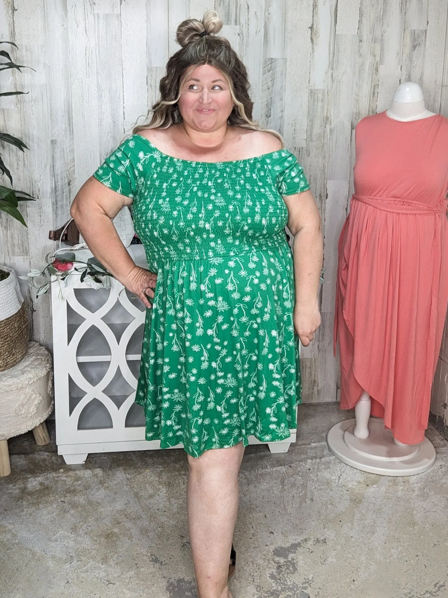 Rosemary Smocked   Sketched Floral Print Scoopneck Dress w/Shorts