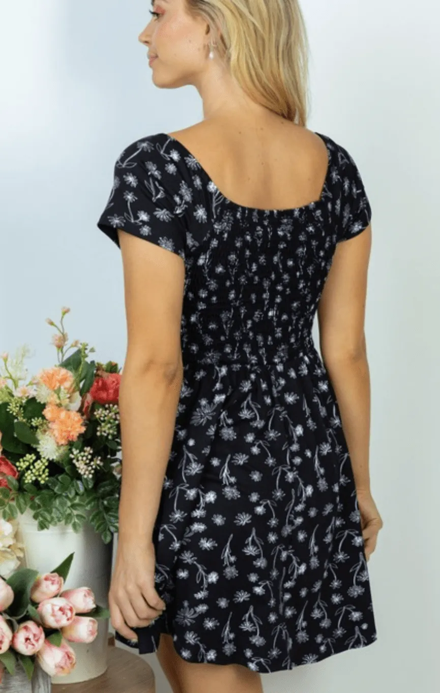 Rosemary Smocked   Sketched Floral Print Scoopneck Dress w/Shorts