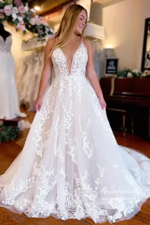 Roycebridal Elegant Tulle A-line Wedding Dresses With Lace Appliques, Bridal Gown, MW929