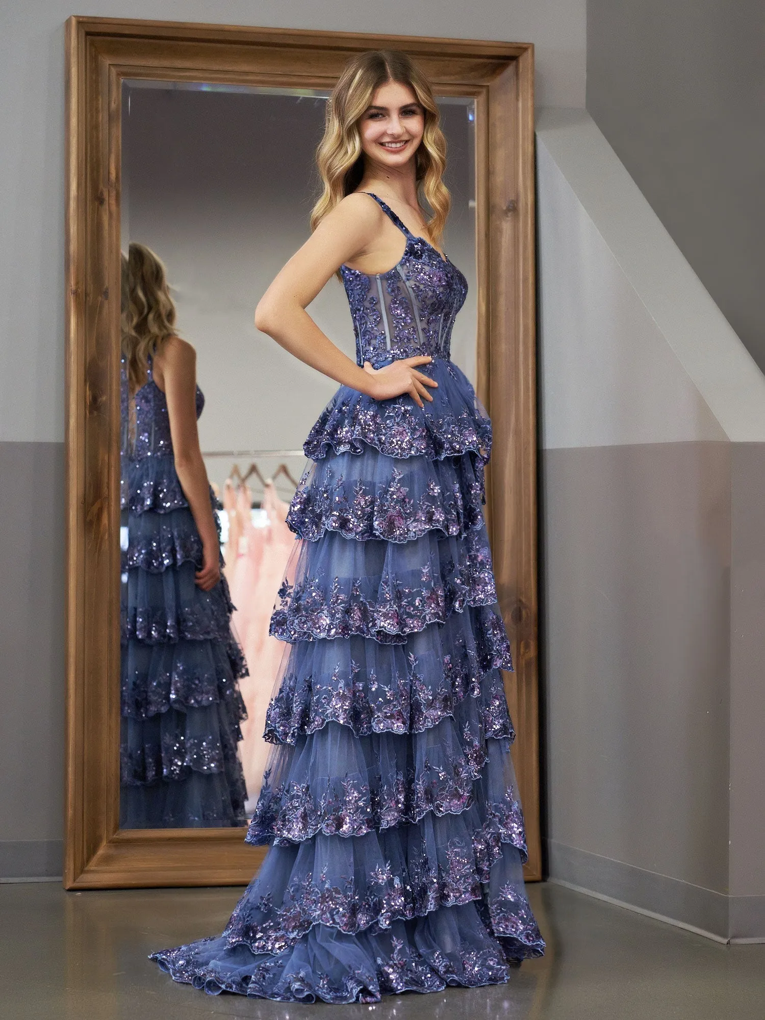 Roycebridal Grey Blue Princess A Line Off the Shoulder Corset Prom Dress with Lace Ruffles