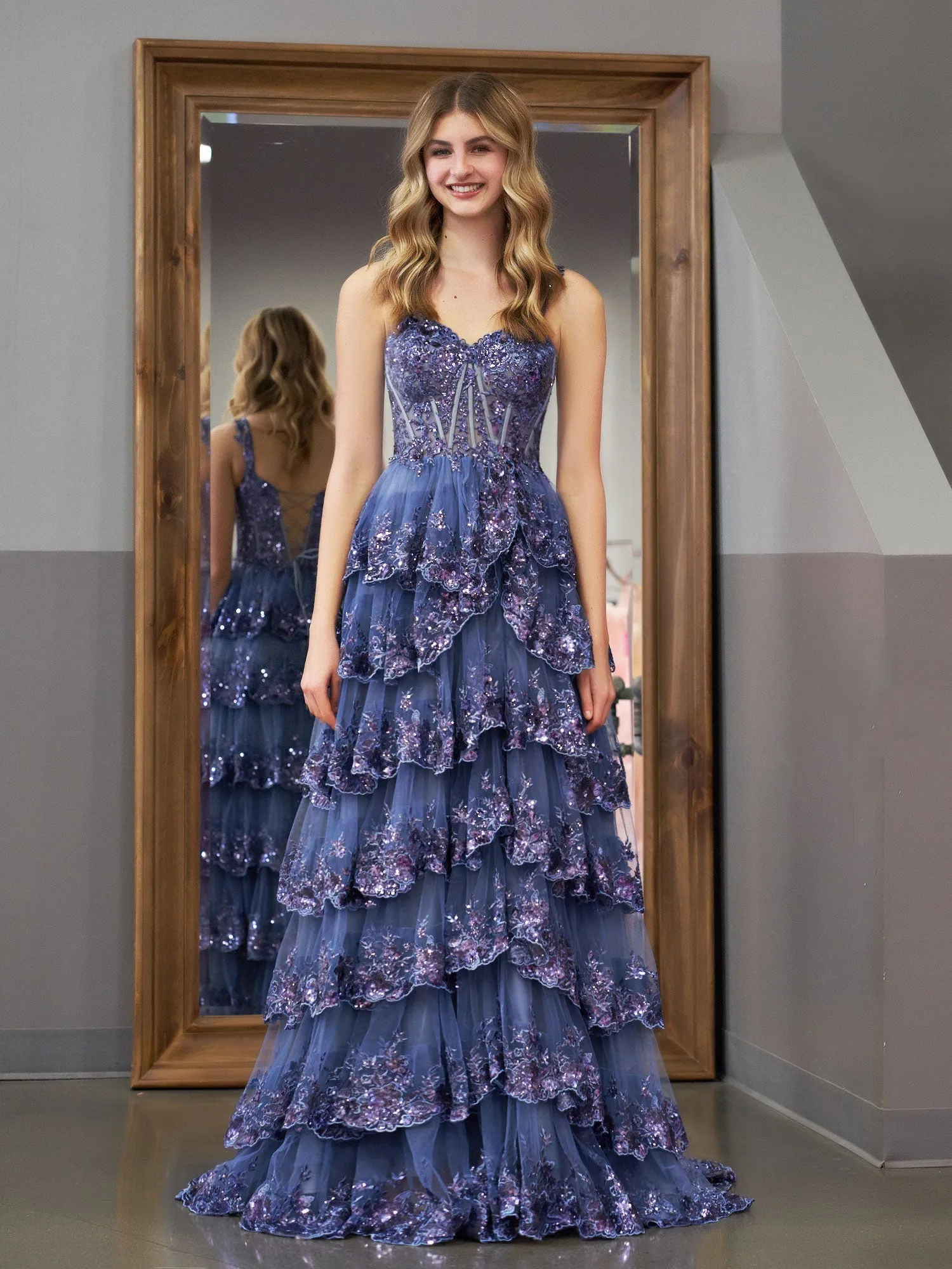 Roycebridal Grey Blue Princess A Line Off the Shoulder Corset Prom Dress with Lace Ruffles