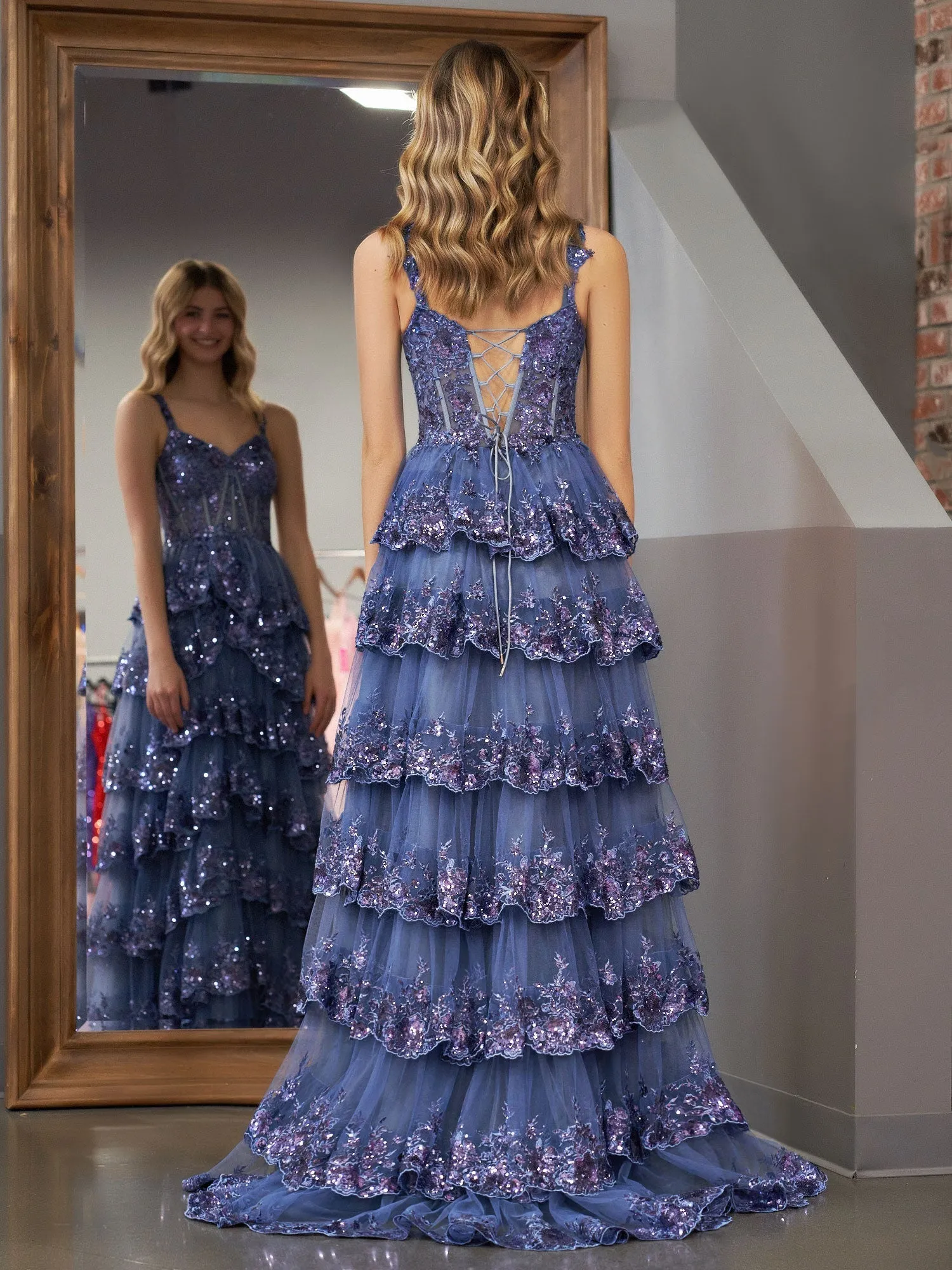 Roycebridal Grey Blue Princess A Line Off the Shoulder Corset Prom Dress with Lace Ruffles