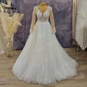 Roycebridal Long Sleeve Lace Tulle Wedding Dress Backless Sweep Train 2025 Elegant Beidal Gown Women Vestido De Novia Elegant