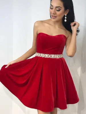 Scoop Red Simple Pearls Beaded Belt Cheap Short Homecoming Dresses Online, BDY0360
