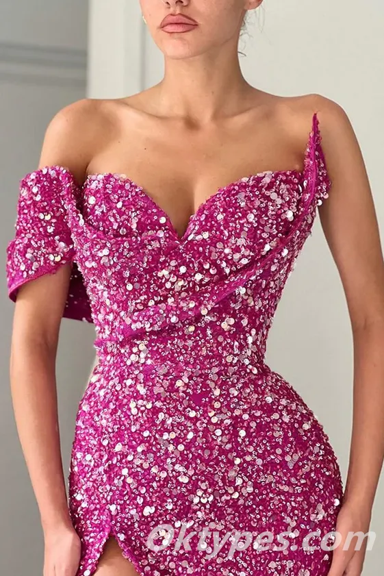 Sexy Charming Sequin One Shoulder V-Neck Side Slit Mermaid Long Prom Dresses,PDS0375
