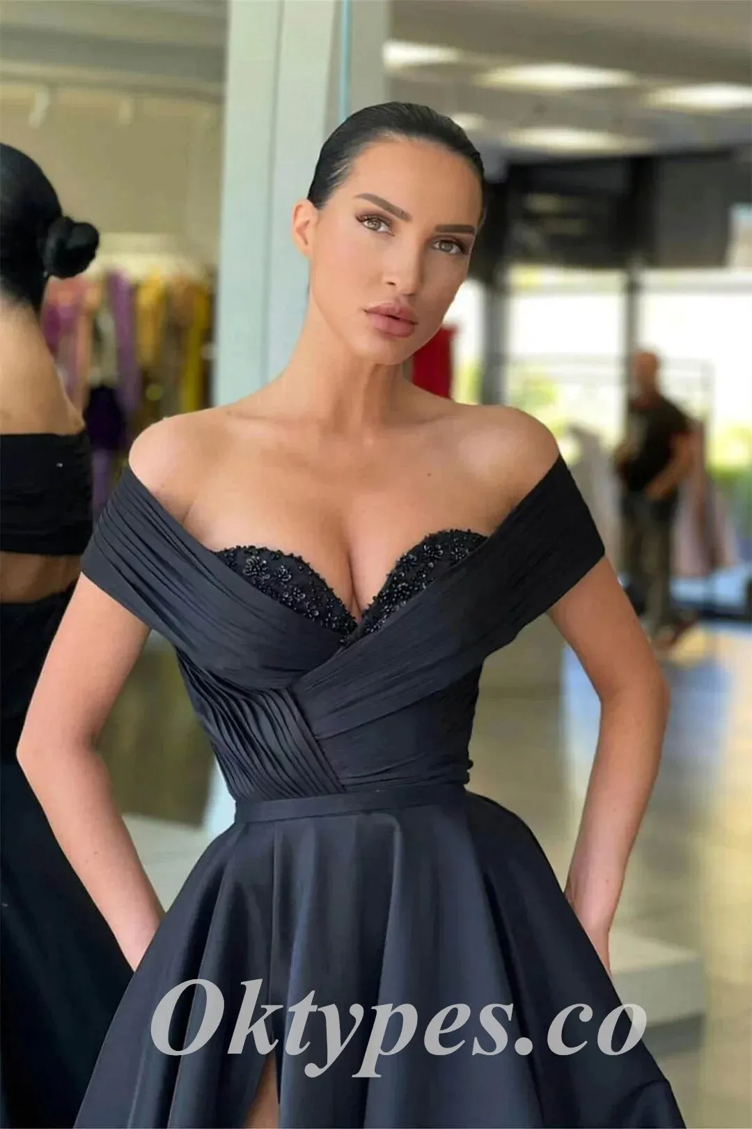 Sexy Satin And Sequin Off Shoulder V-Neck Side Slit A-Line Long Prom Dresses, PDS0907