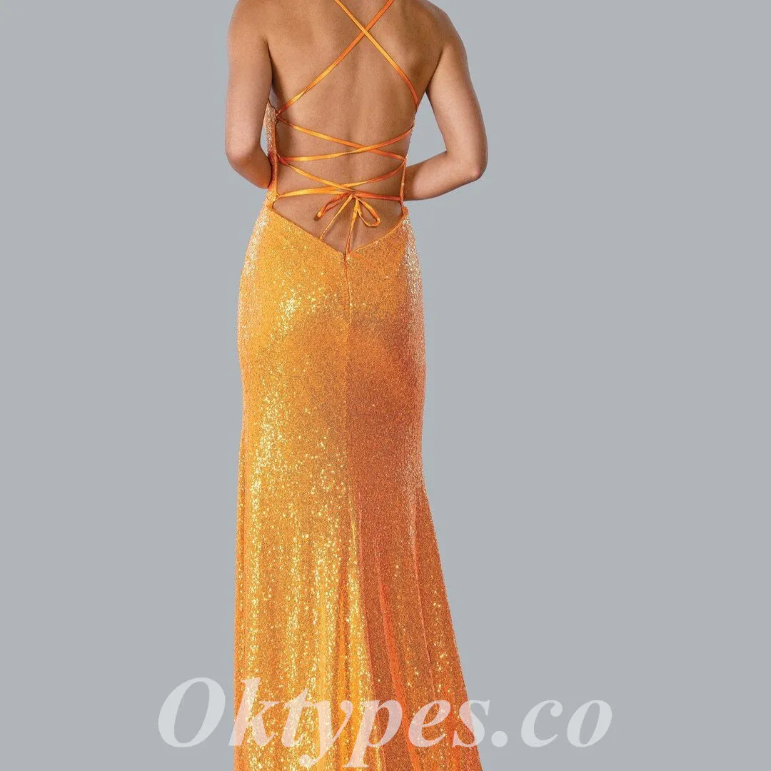 Sexy Sequin Spaghetti Straps V-Neck Criss Cross Lace Up Side Slit Mermaid Long Prom Dresses,PDS0763