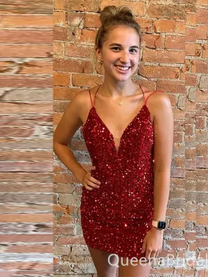 Sexy Sparkle Red Spaghetti Straps Multi Straps Mermaid Short Homecoming Dresses Tight , QB0628