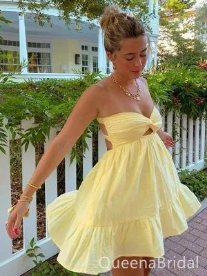 Sexy Strapless Yellow Sweetheart A-line Graduation Party Short Homecoming Dress Formal Evening Party Dress, QB0840