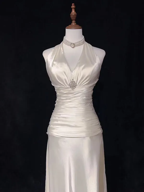 Sexy V-neck Sleeveless A-line Satin Long Prom Dresses For Party Online, OL406