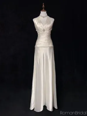 Sexy V-neck Sleeveless A-line Satin Long Prom Dresses For Party Online, OL406