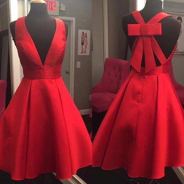Short Cheap Simple V Neck Red Homecoming Dresses 2018, BDY0364