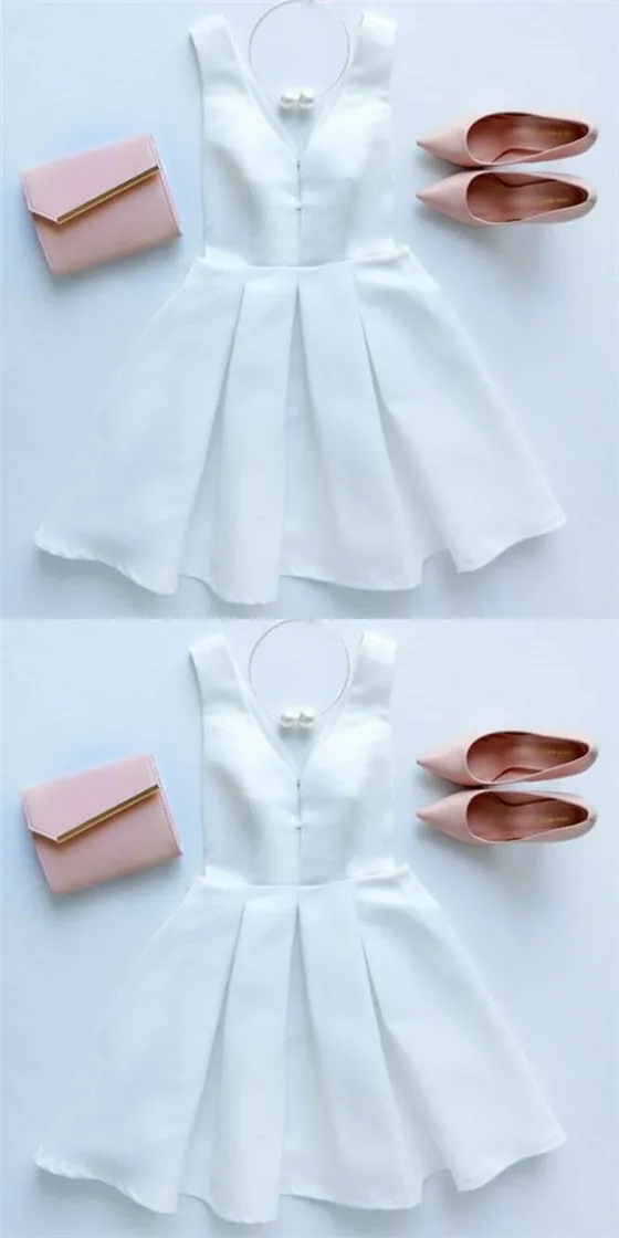 Simple A-Line V-Neck Zipper Back  Short Cheap White Satin Homecoming Dresses, QB0065