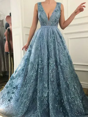 Sky Blue Lace With Beads V-neck Sleeveless Gorgeous Prom Dresses,PD00099