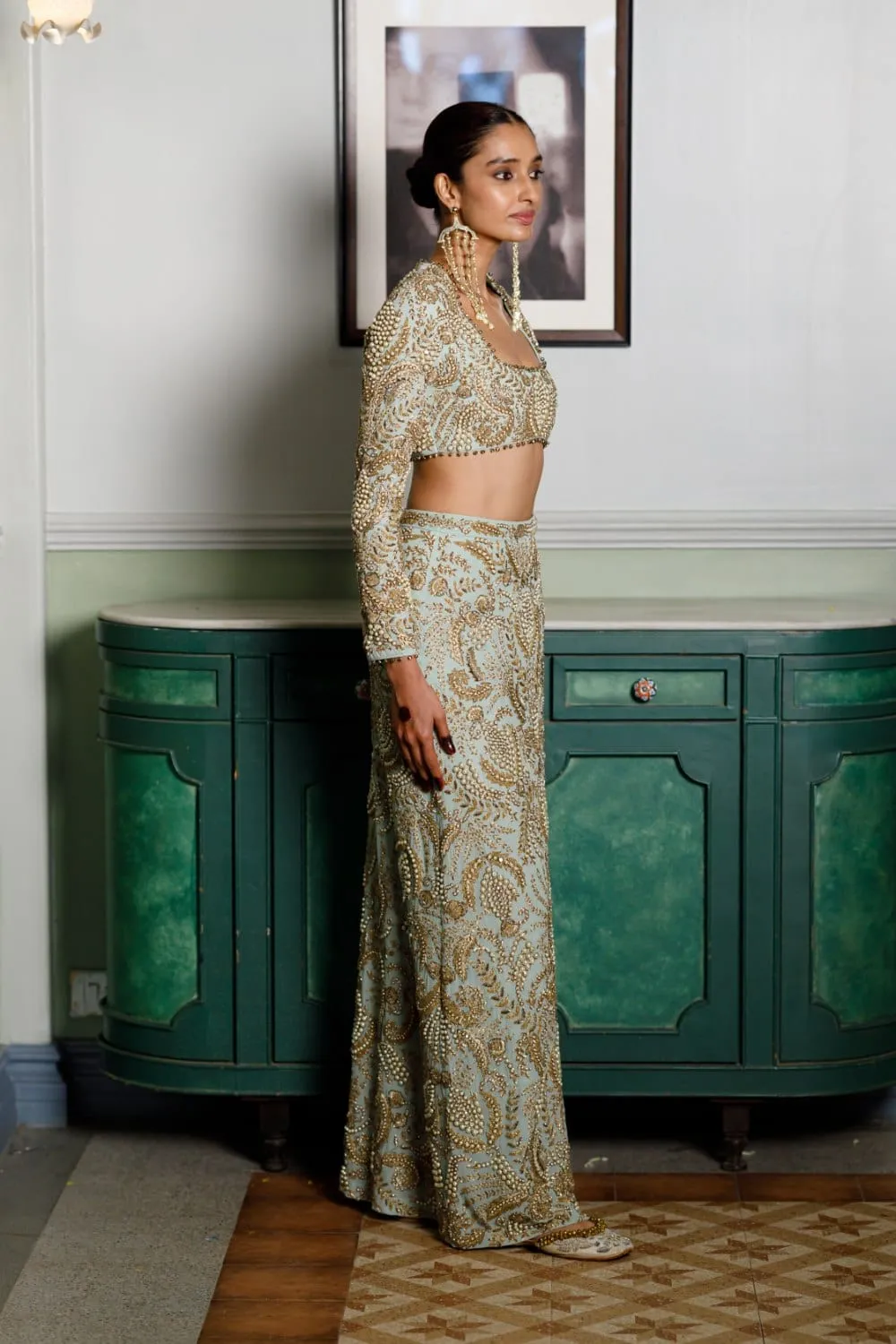 Soha Mint Embroidered Choli And Skirt