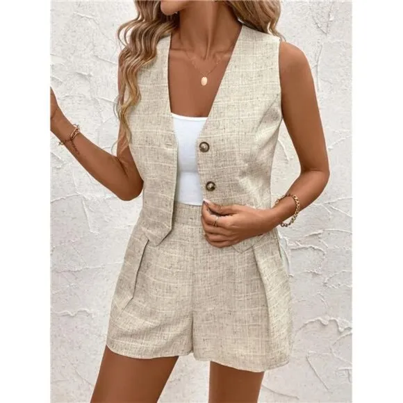 Solid Button Front Vest Jacket &amp; Pocket Shorts For Summer