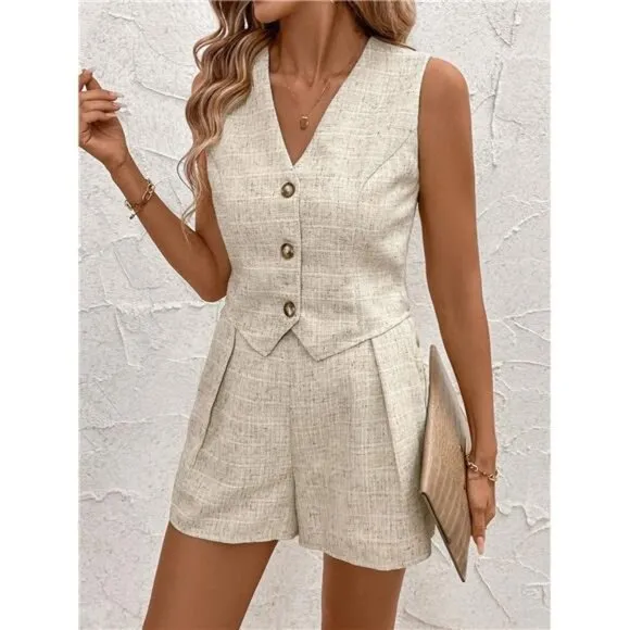 Solid Button Front Vest Jacket &amp; Pocket Shorts For Summer