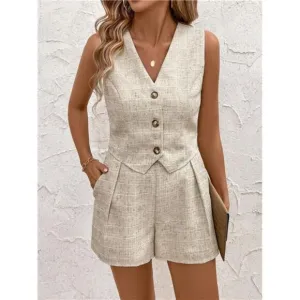 Solid Button Front Vest Jacket &amp; Pocket Shorts For Summer