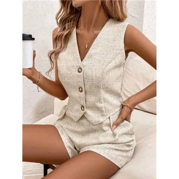 Solid Button Front Vest Jacket &amp; Pocket Shorts For Summer