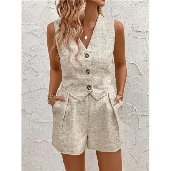 Solid Button Front Vest Jacket &amp; Pocket Shorts For Summer
