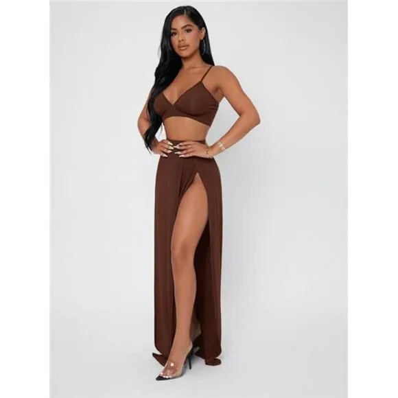 Solid Cami Crop Top &amp; Split Thigh Skirt Set