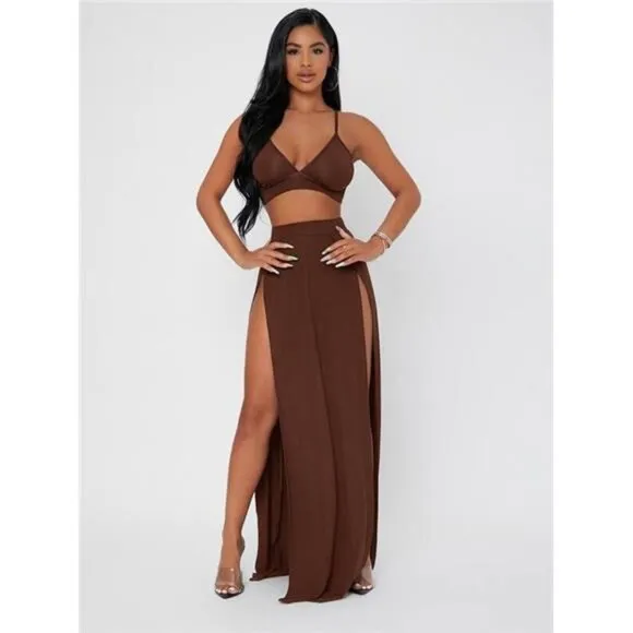 Solid Cami Crop Top &amp; Split Thigh Skirt Set