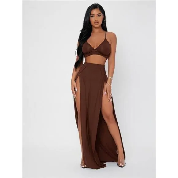 Solid Cami Crop Top &amp; Split Thigh Skirt Set