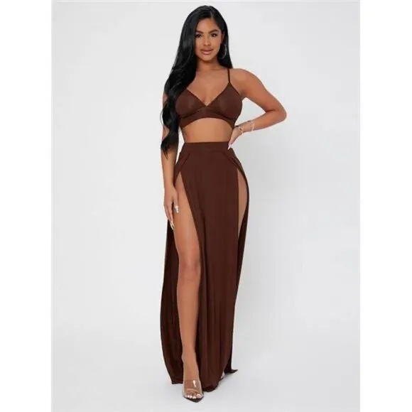 Solid Cami Crop Top &amp; Split Thigh Skirt Set