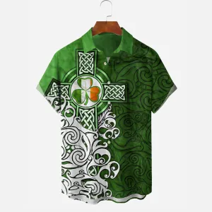 St. Patrick's Day Irish Cross Shamrock Green Lucky Print Men's Chest Pocket Shirt