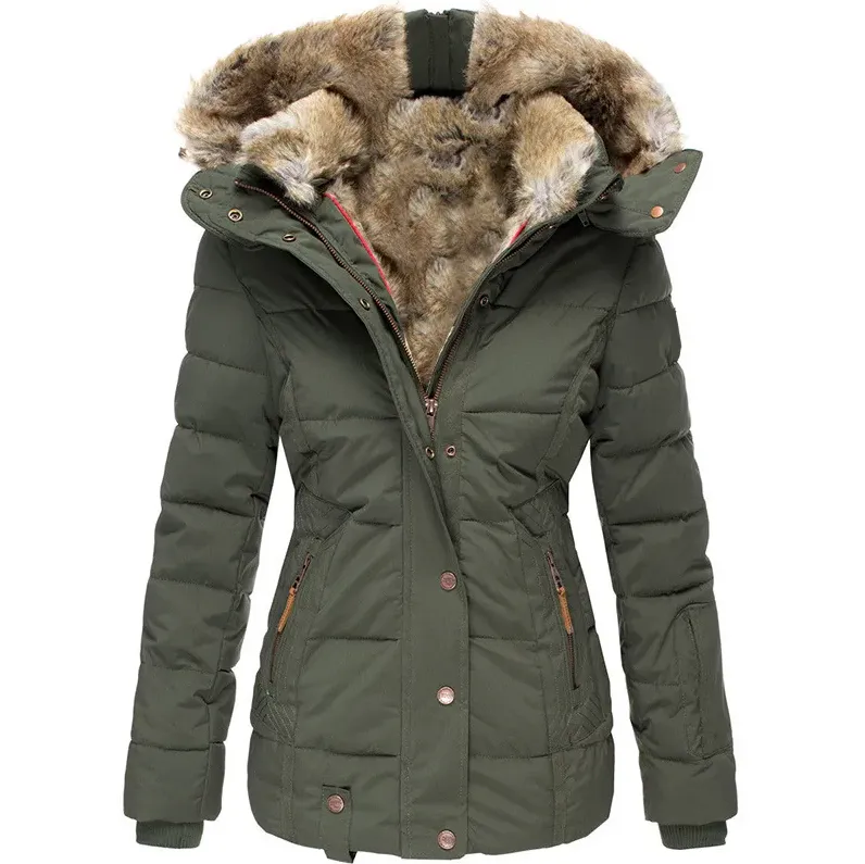 Stylish winter coat for women, featuring a fur-trimmed hood