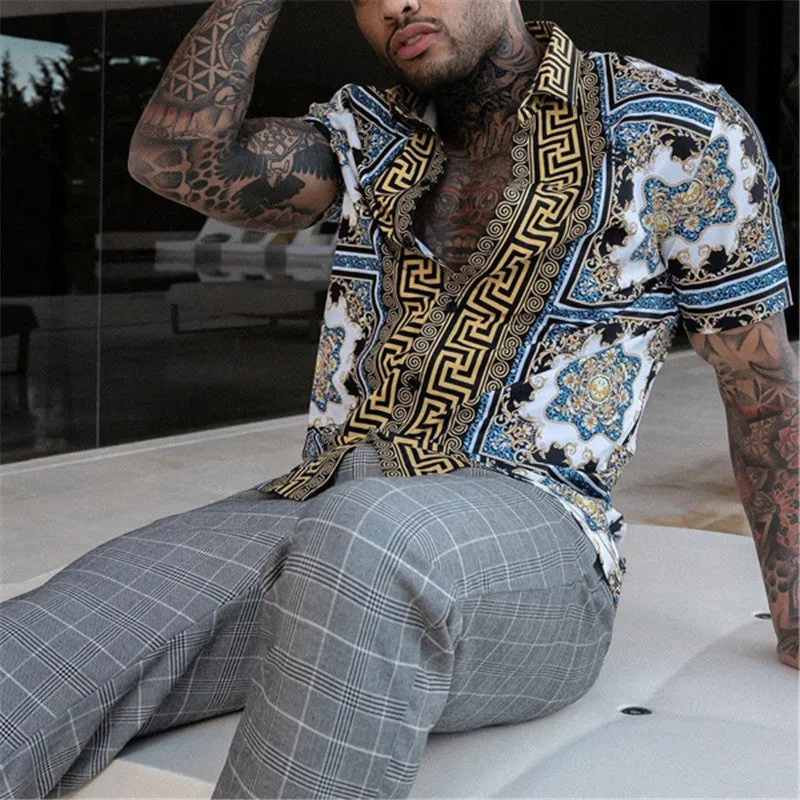 Summer New Men Clothing European American Retro Trend Shirt Short Sleeve Printing Shirt