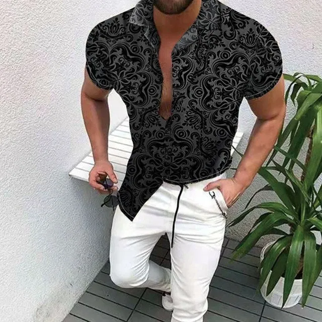 Summer New Men Clothing European American Retro Trend Shirt Short Sleeve Printing Shirt