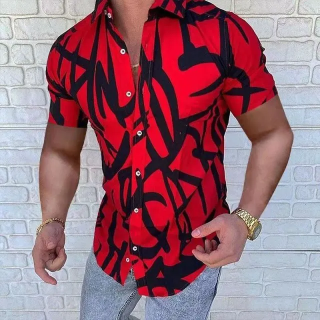 Summer New Men Clothing European American Retro Trend Shirt Short Sleeve Printing Shirt