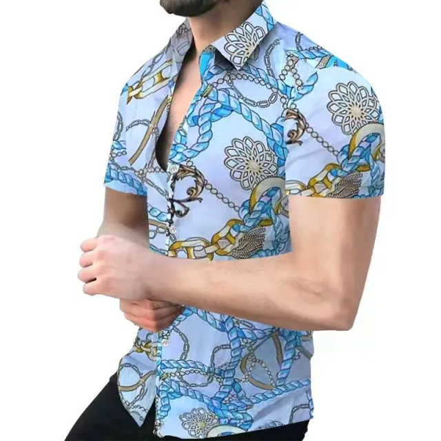Summer New Men Clothing European American Retro Trend Shirt Short Sleeve Printing Shirt