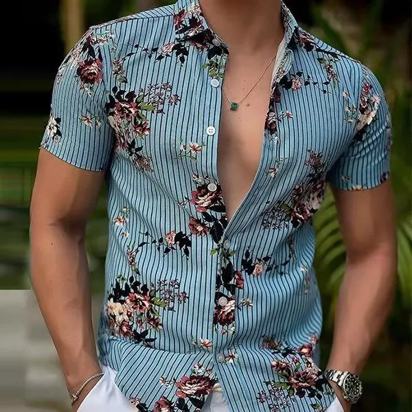 Summer New Men Clothing European American Retro Trend Shirt Short Sleeve Printing Shirt