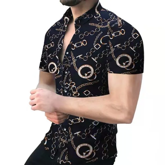 Summer New Men Clothing European American Retro Trend Shirt Short Sleeve Printing Shirt