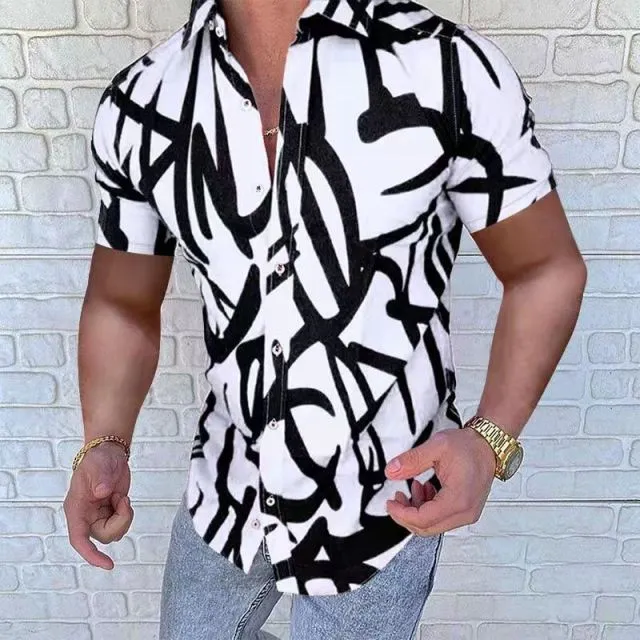 Summer New Men Clothing European American Retro Trend Shirt Short Sleeve Printing Shirt