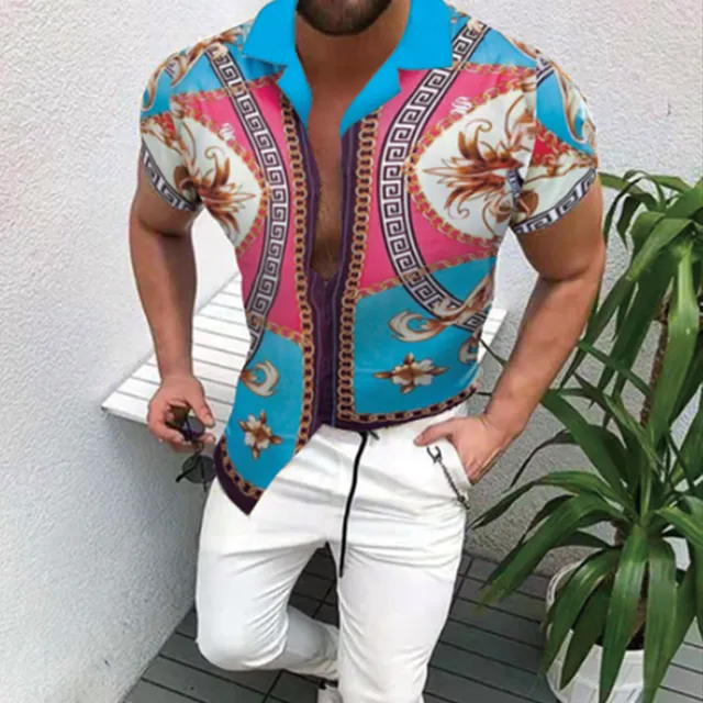 Summer New Men Clothing European American Retro Trend Shirt Short Sleeve Printing Shirt