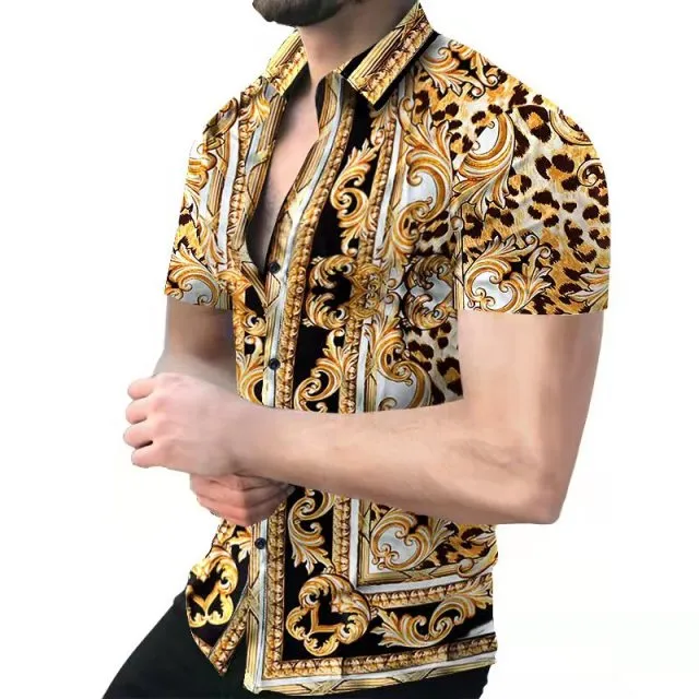 Summer New Men Clothing European American Retro Trend Shirt Short Sleeve Printing Shirt