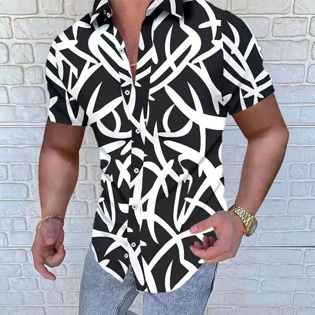 Summer New Men Clothing European American Retro Trend Shirt Short Sleeve Printing Shirt