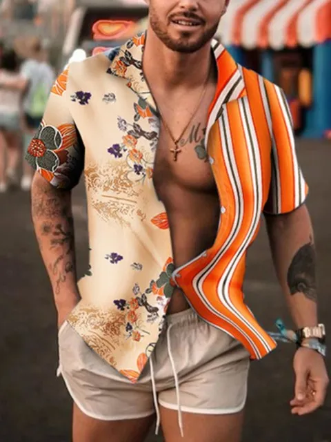 Summer New Men Clothing European American Retro Trend Shirt Short Sleeve Printing Shirt