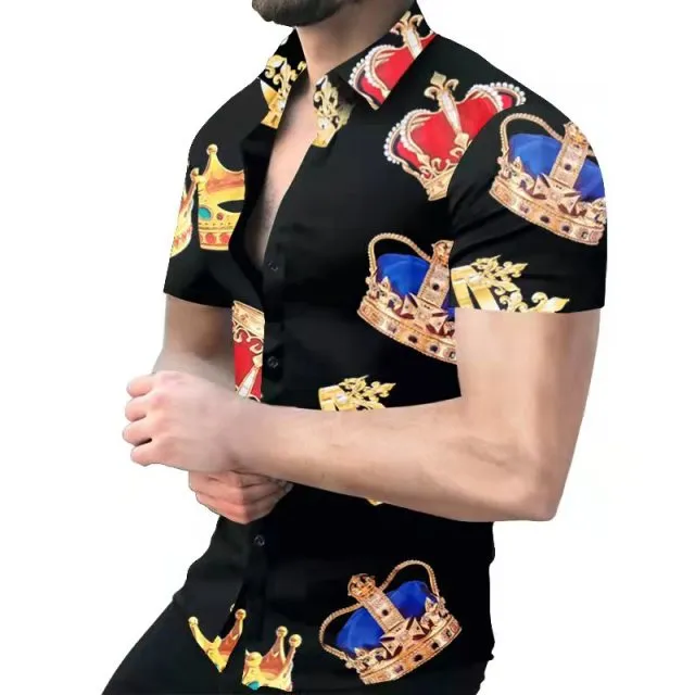 Summer New Men Clothing European American Retro Trend Shirt Short Sleeve Printing Shirt
