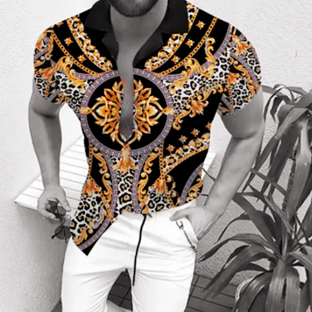Summer New Men Clothing European American Retro Trend Shirt Short Sleeve Printing Shirt