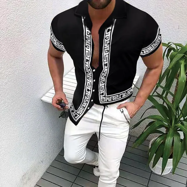Summer New Men Clothing European American Retro Trend Shirt Short Sleeve Printing Shirt