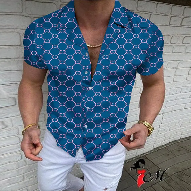 Summer New Men Clothing European American Retro Trend Shirt Short Sleeve Printing Shirt