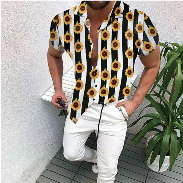 Summer New Men Clothing European American Retro Trend Shirt Short Sleeve Printing Shirt