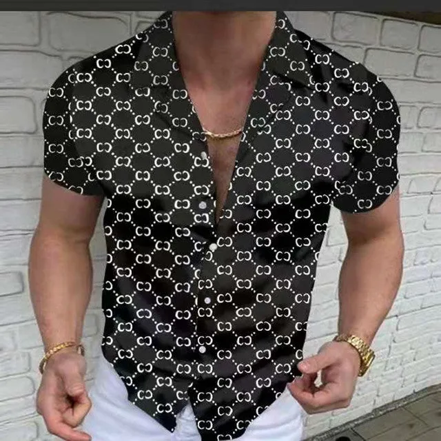 Summer New Men Clothing European American Retro Trend Shirt Short Sleeve Printing Shirt