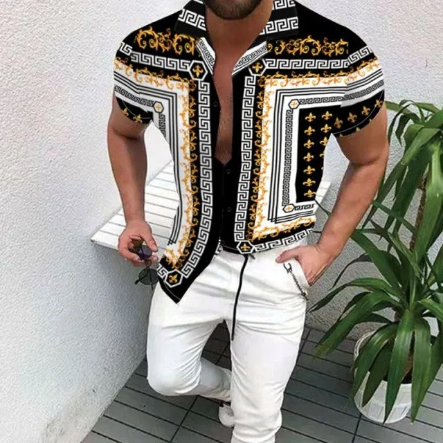 Summer New Men Clothing European American Retro Trend Shirt Short Sleeve Printing Shirt